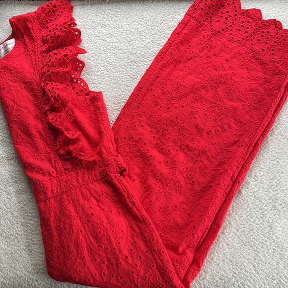 Built By Dreamers Red Lace Jumpsuit Size Medium Eyelet Ruffle Hem Capri Length - Picture 9 of 13